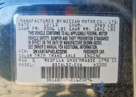 2014 Nissan Sentra S from USA, damaged, VIN 3N1AB7AP4EL623296